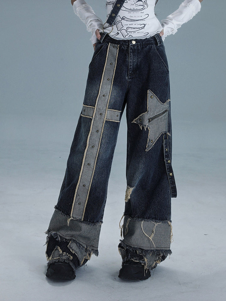 Grunge Star Patch Wide Leg Jeans