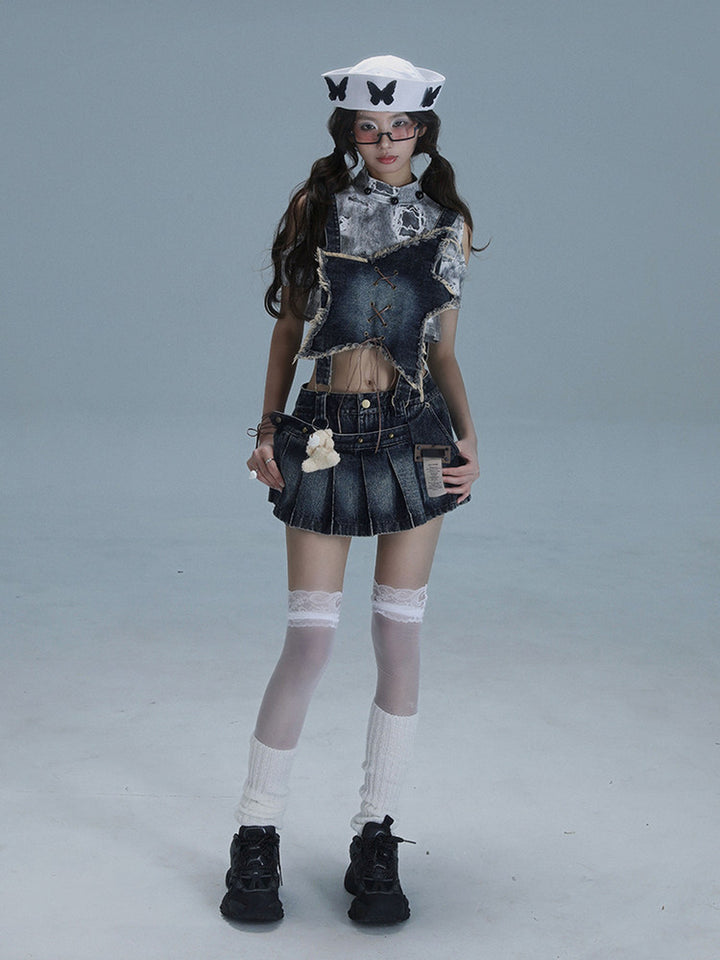 Y2K Detachable Bib Denim Skort