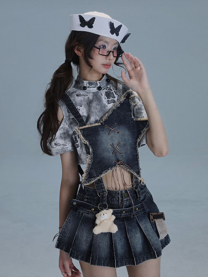 Y2K Detachable Bib Denim Skort
