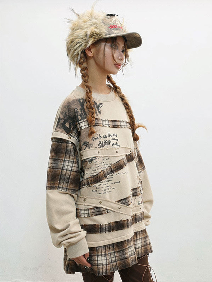 Grunge Plaid Patchwork Sweatshirt