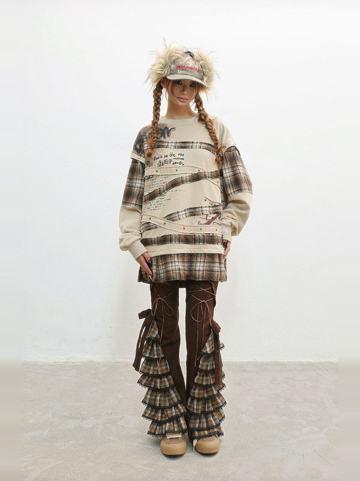 Grunge Plaid Patchwork Sweatshirt