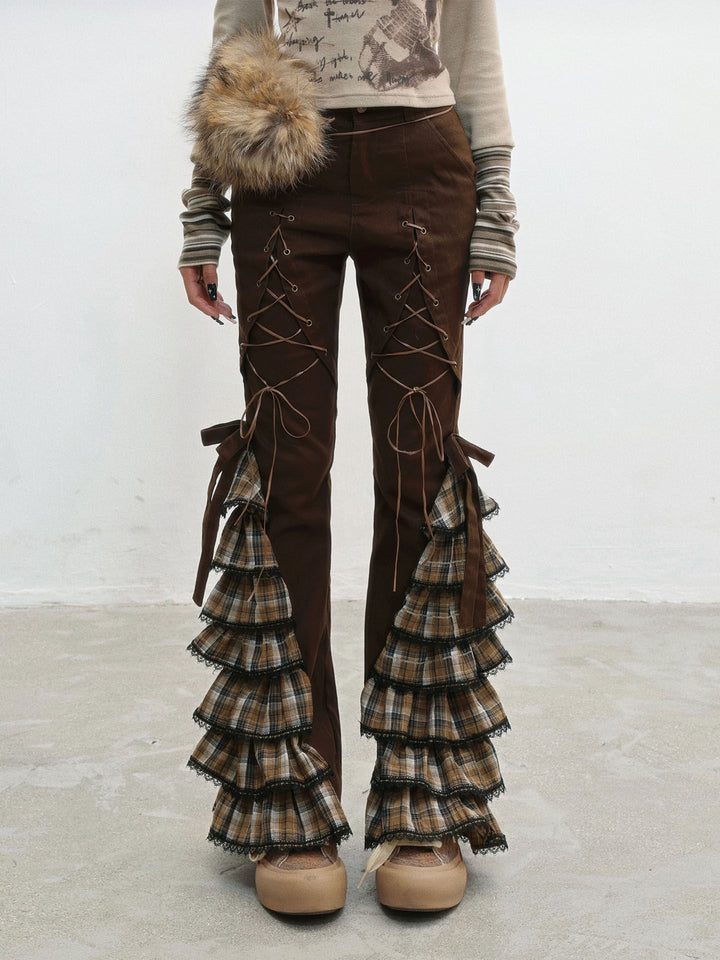 Plaid Ruffle Lace-Up Pants