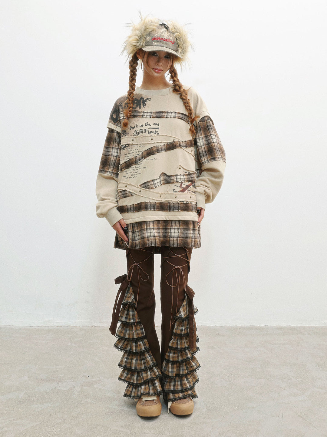 Plaid Ruffle Lace-Up Pants