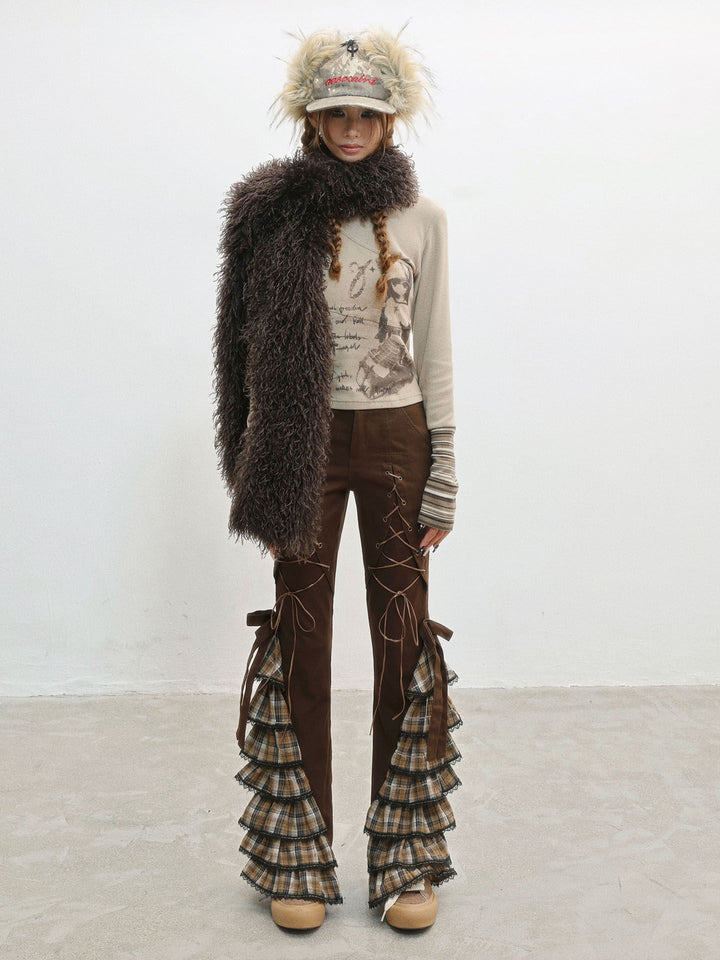 Plaid Ruffle Lace-Up Pants