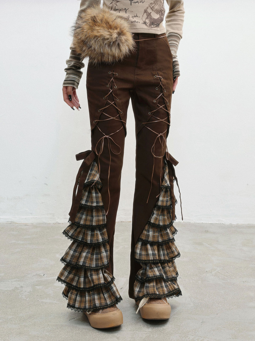 Plaid Ruffle Lace-Up Pants