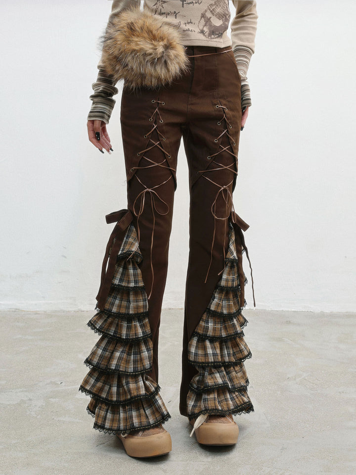 Plaid Ruffle Lace-Up Pants