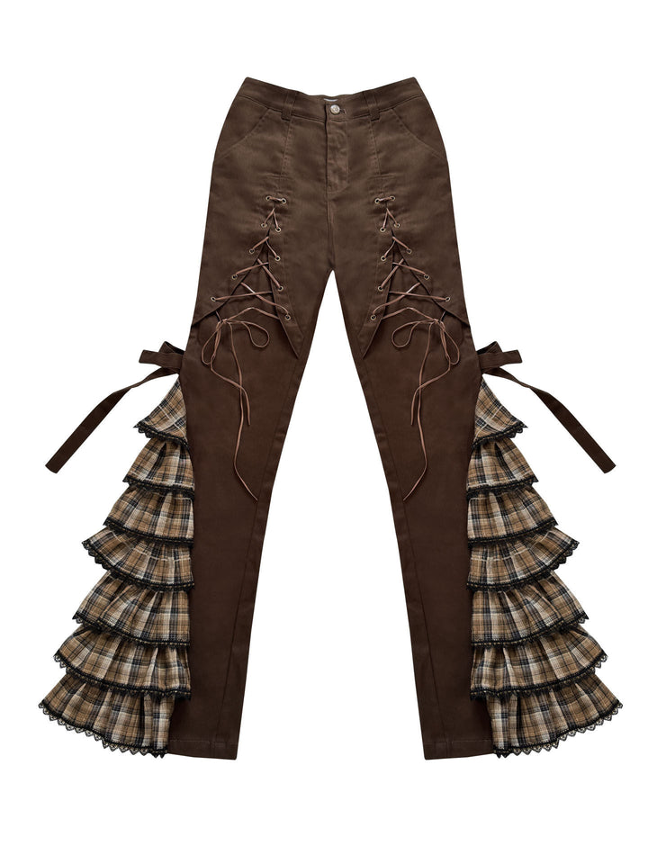 Plaid Ruffle Lace-Up Pants