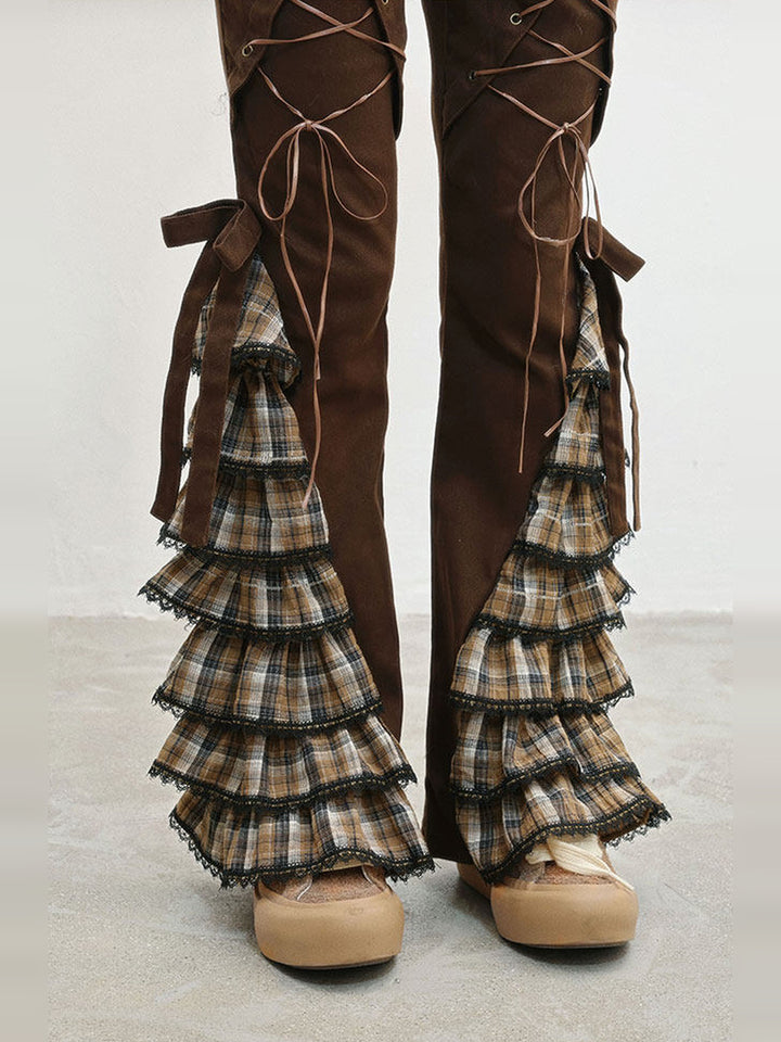 Plaid Ruffle Lace-Up Pants