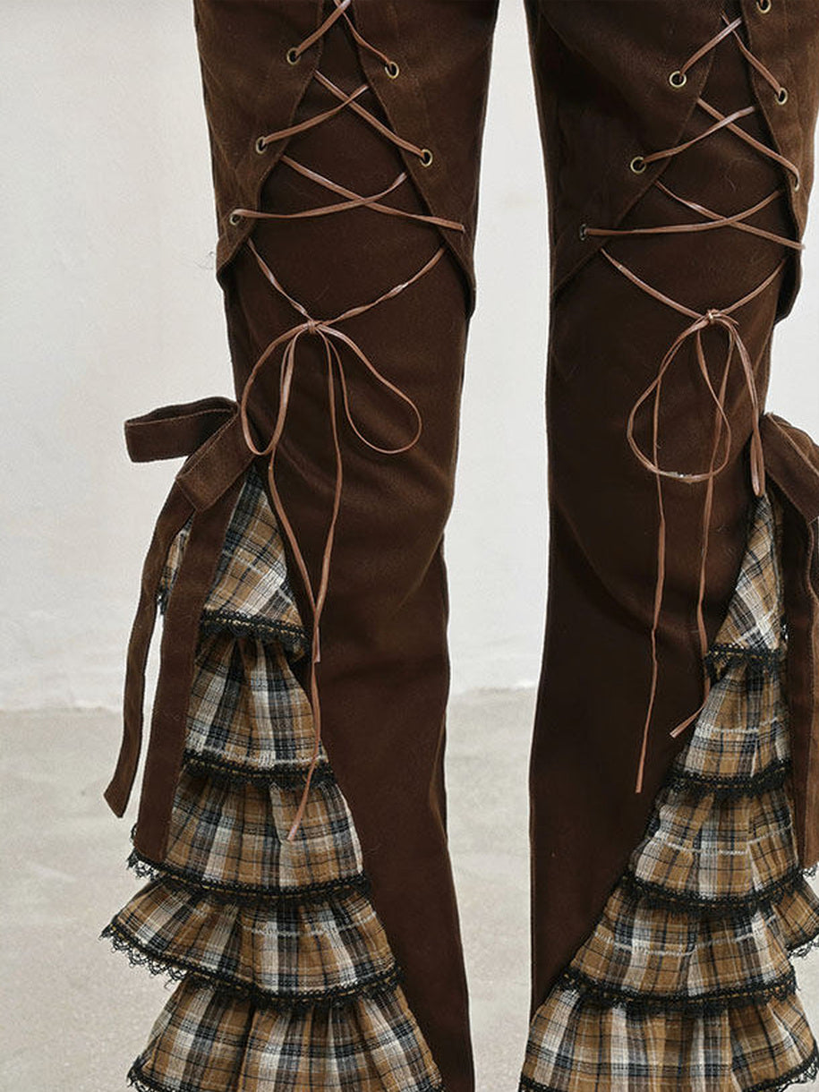 Plaid Ruffle Lace-Up Pants