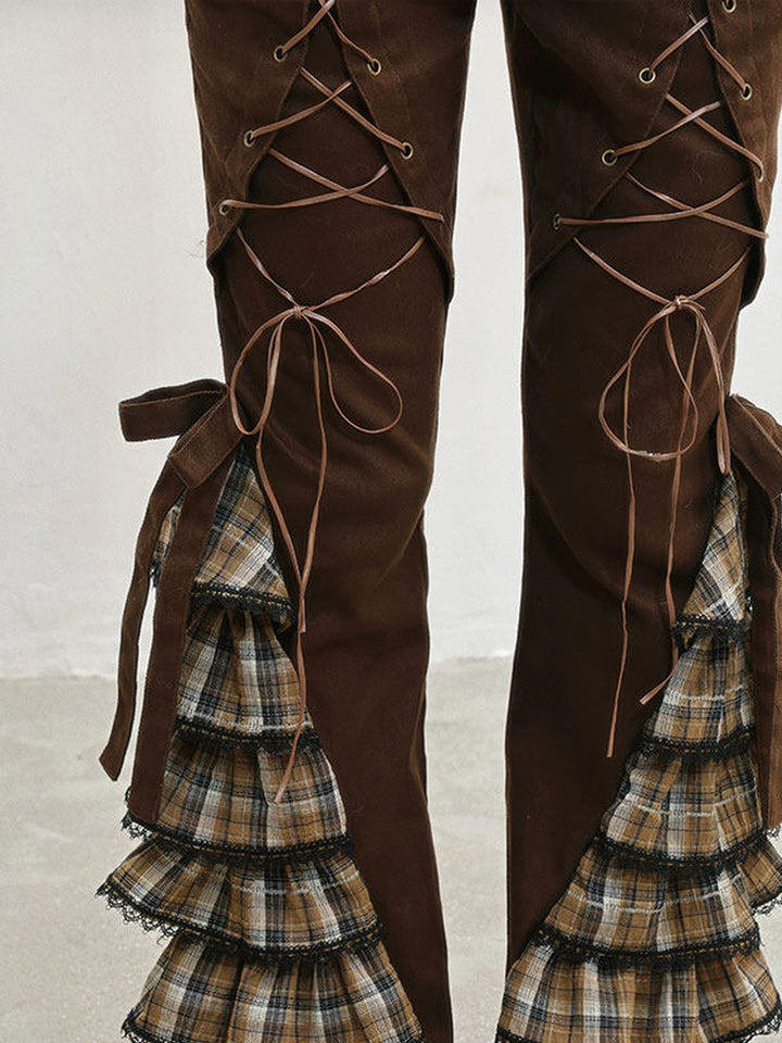 Plaid Ruffle Lace-Up Pants