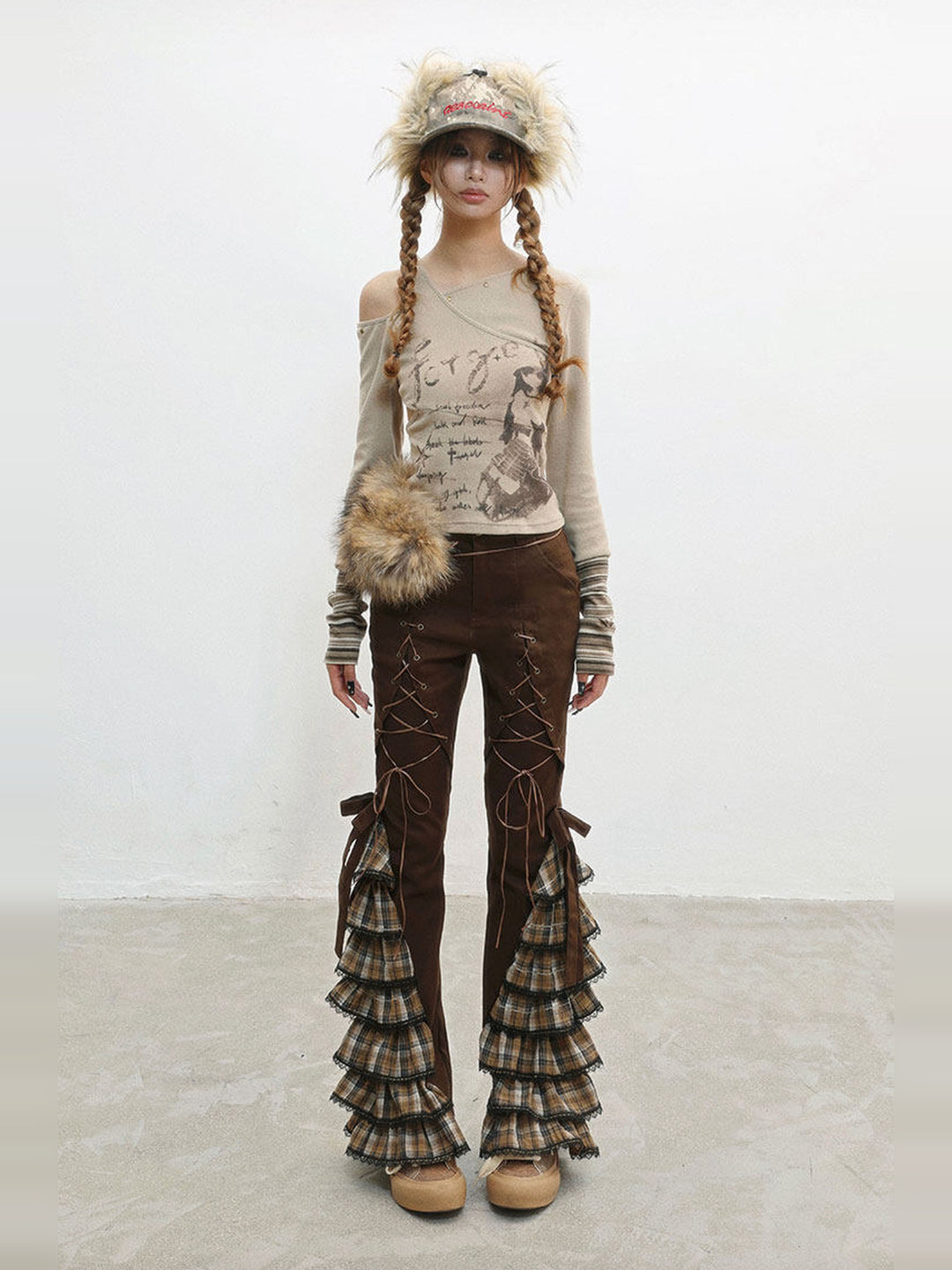 Plaid Ruffle Lace-Up Pants