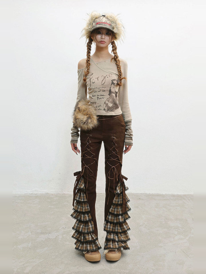 Plaid Ruffle Lace-Up Pants