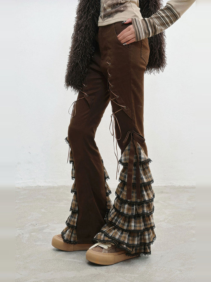 Plaid Ruffle Lace-Up Pants