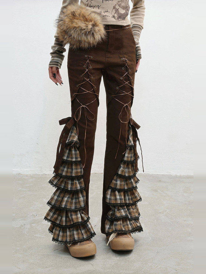 Plaid Ruffle Lace-Up Pants
