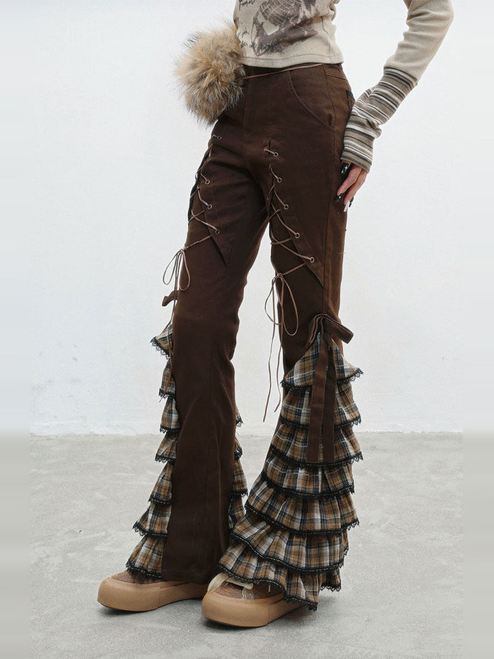 Plaid Ruffle Lace-Up Pants