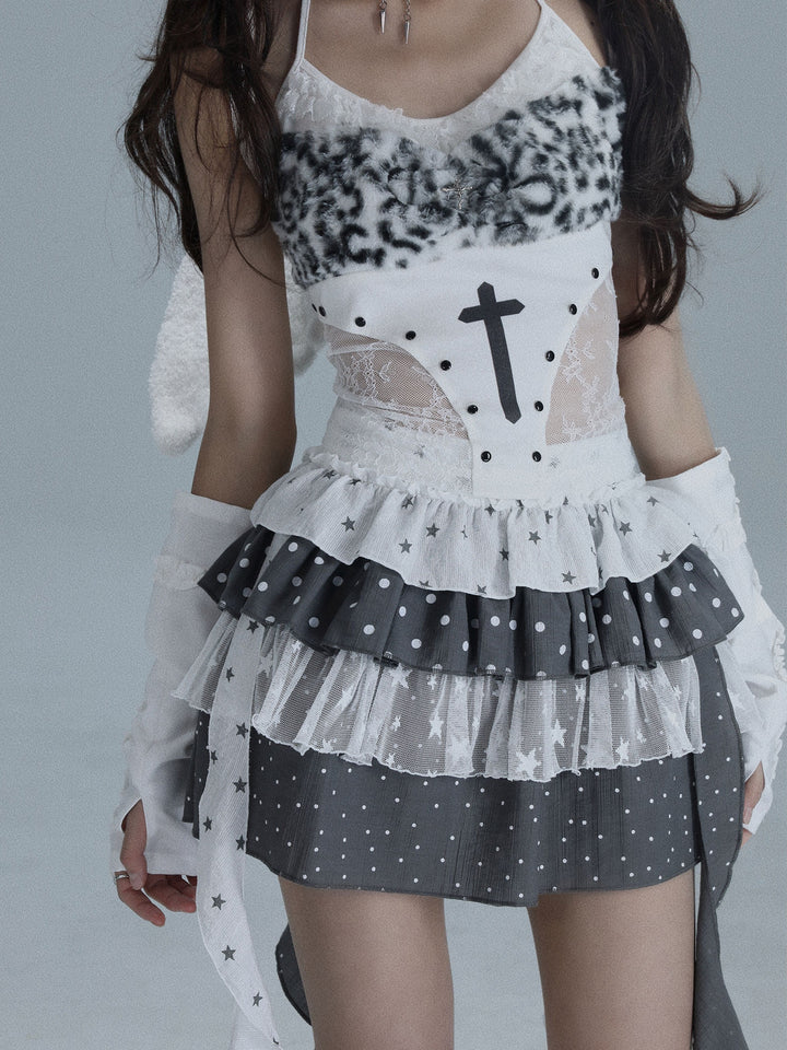 Star and Polka Dot Tiered Mini Skirt
