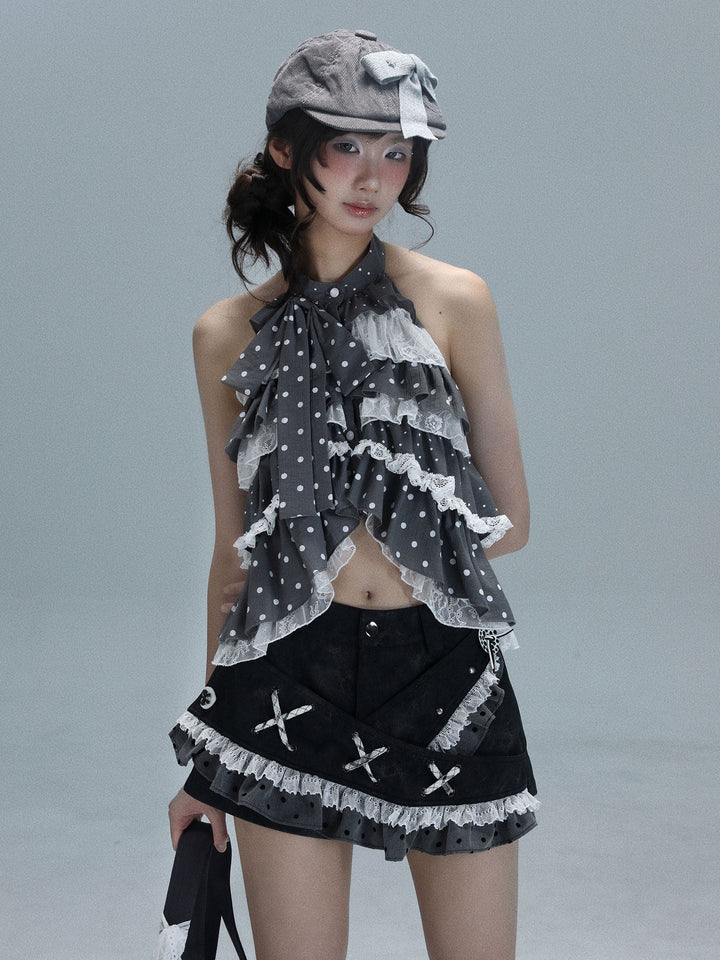 Polka Dot Tiered Ruffle Halter Top