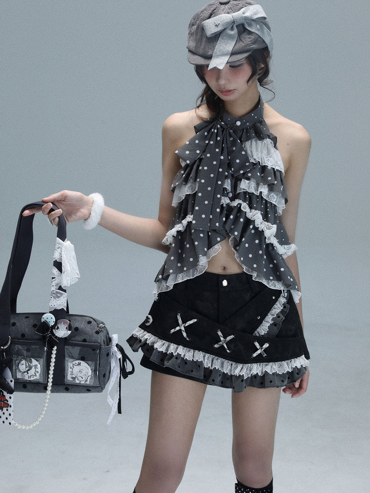 Polka Dot Tiered Ruffle Halter Top