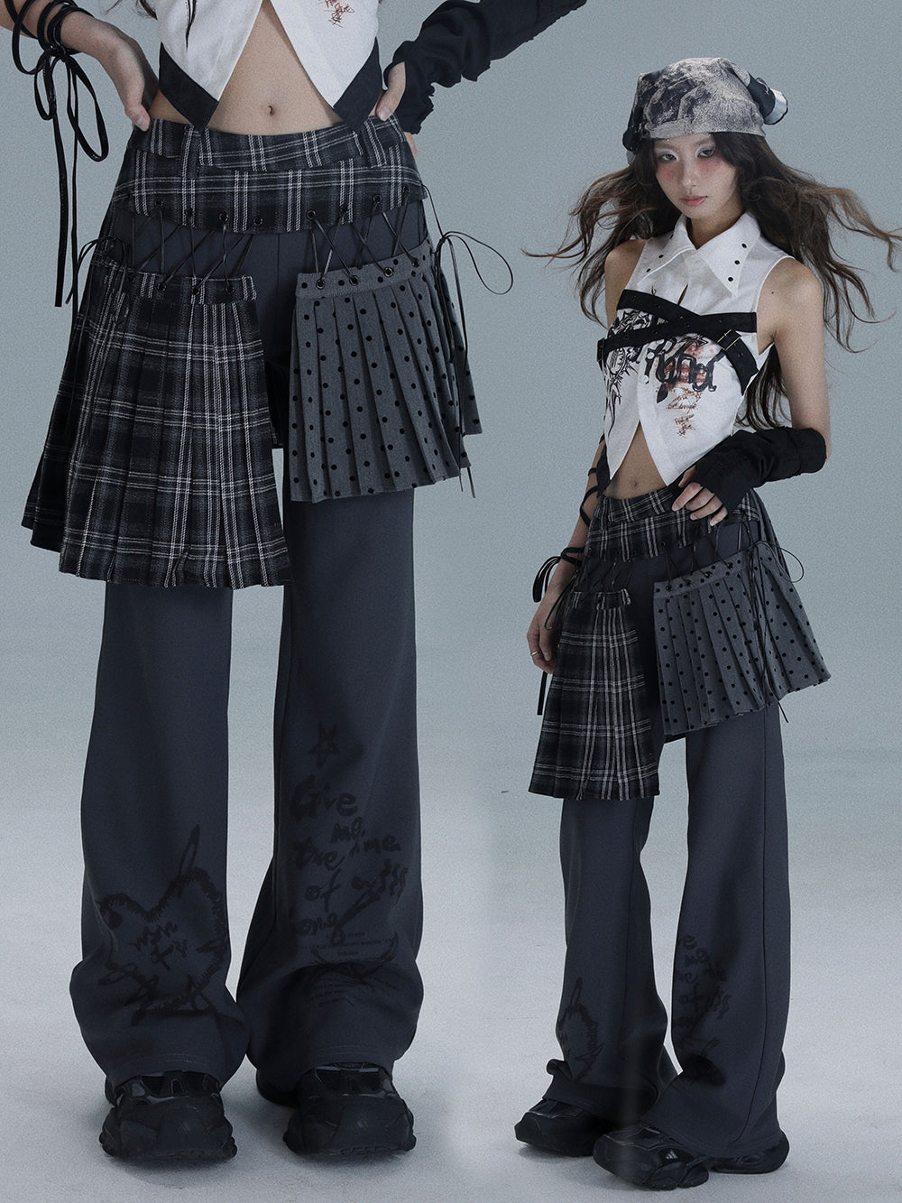 Punk Plaid Layered Wide Leg Pants
