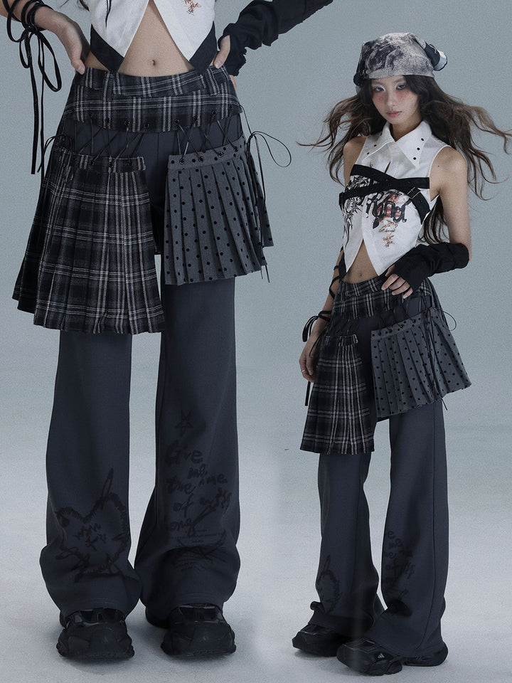 Punk Plaid Layered Wide Leg Pants