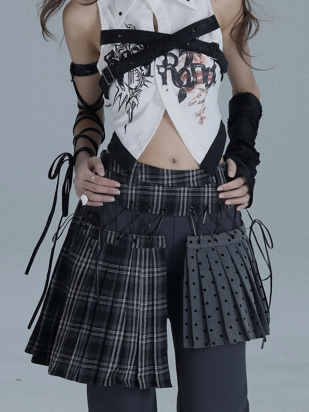 Punk Plaid Layered Wide Leg Pants