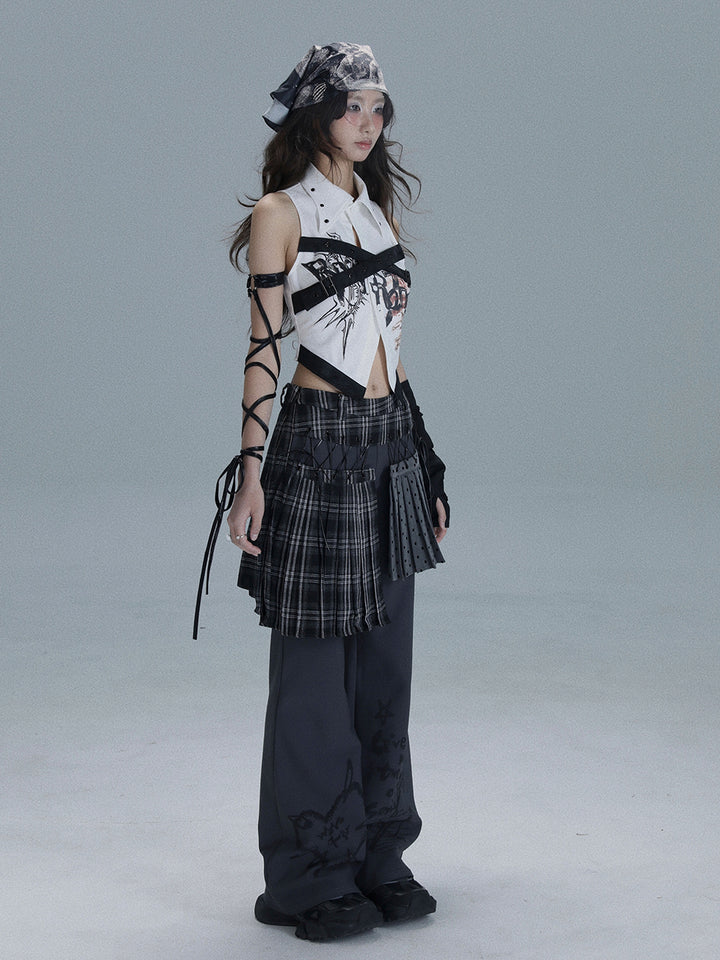 Punk Plaid Layered Wide Leg Pants