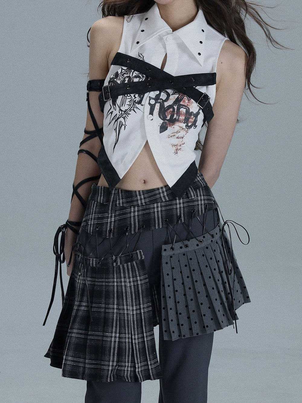 Punk Plaid Layered Wide Leg Pants