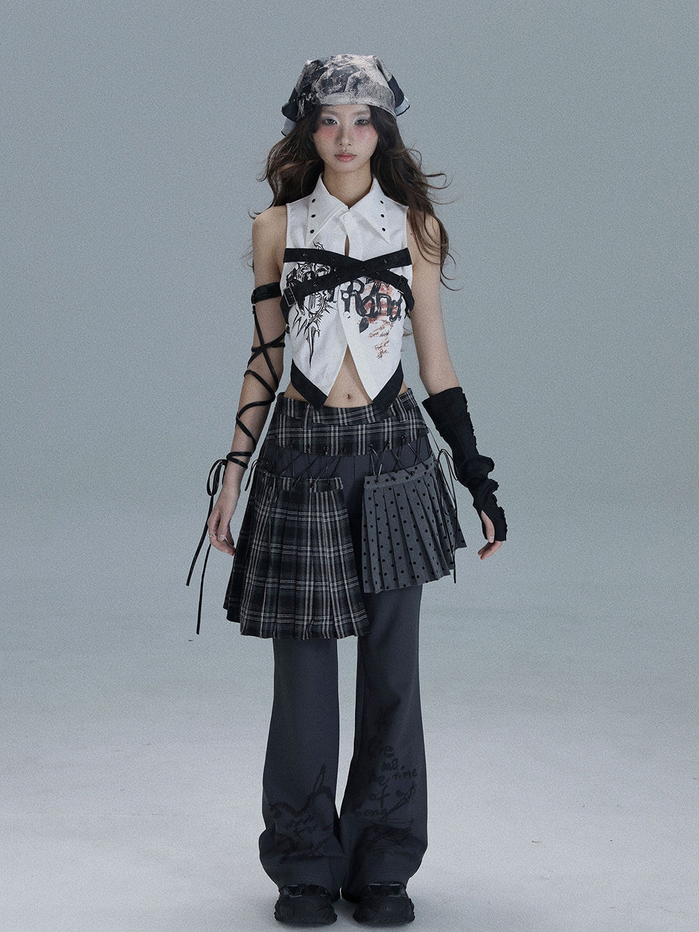 Punk Plaid Layered Wide Leg Pants