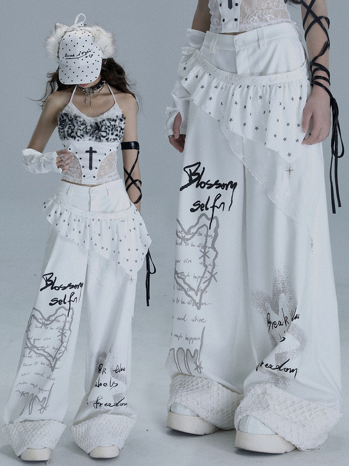 Y2K Star Ruffle Wide Leg Pants