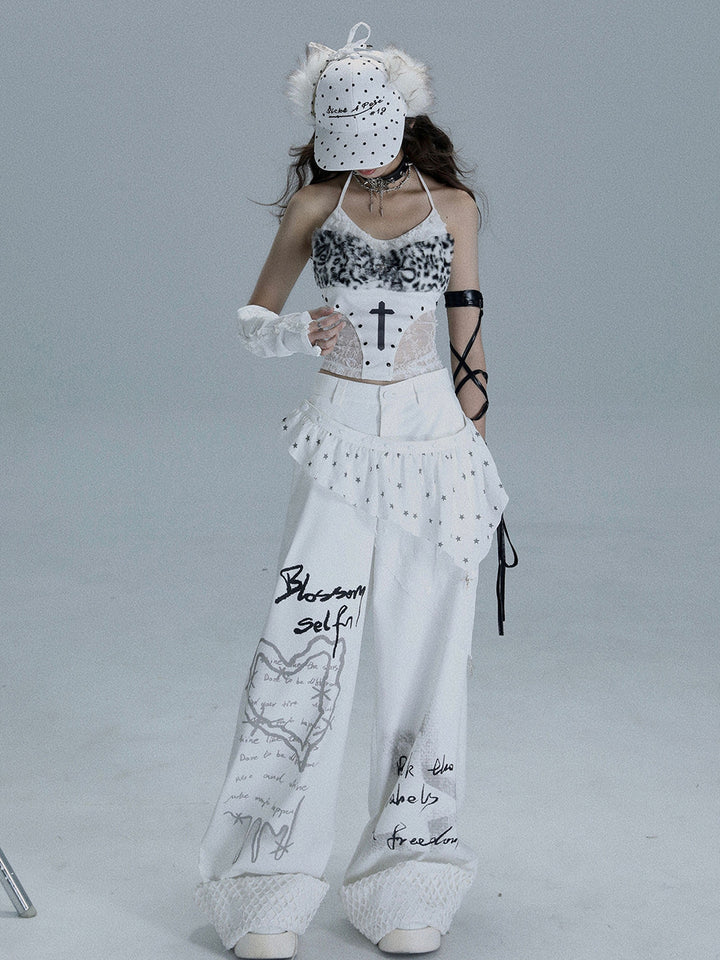 Y2K Star Ruffle Wide Leg Pants