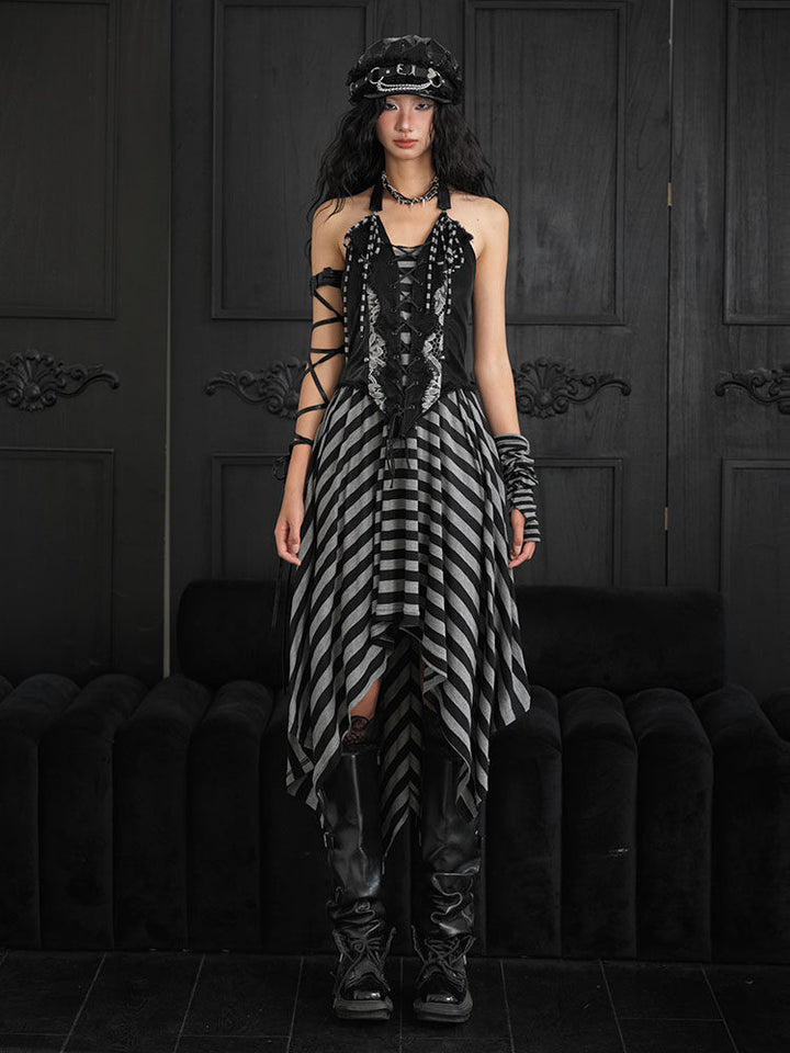 Punk Striped Handkerchief Hem Skirt