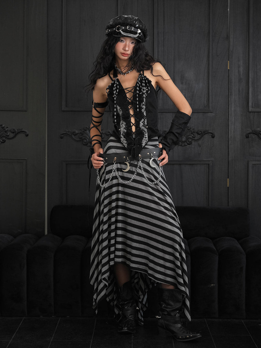 Punk Striped Handkerchief Hem Skirt