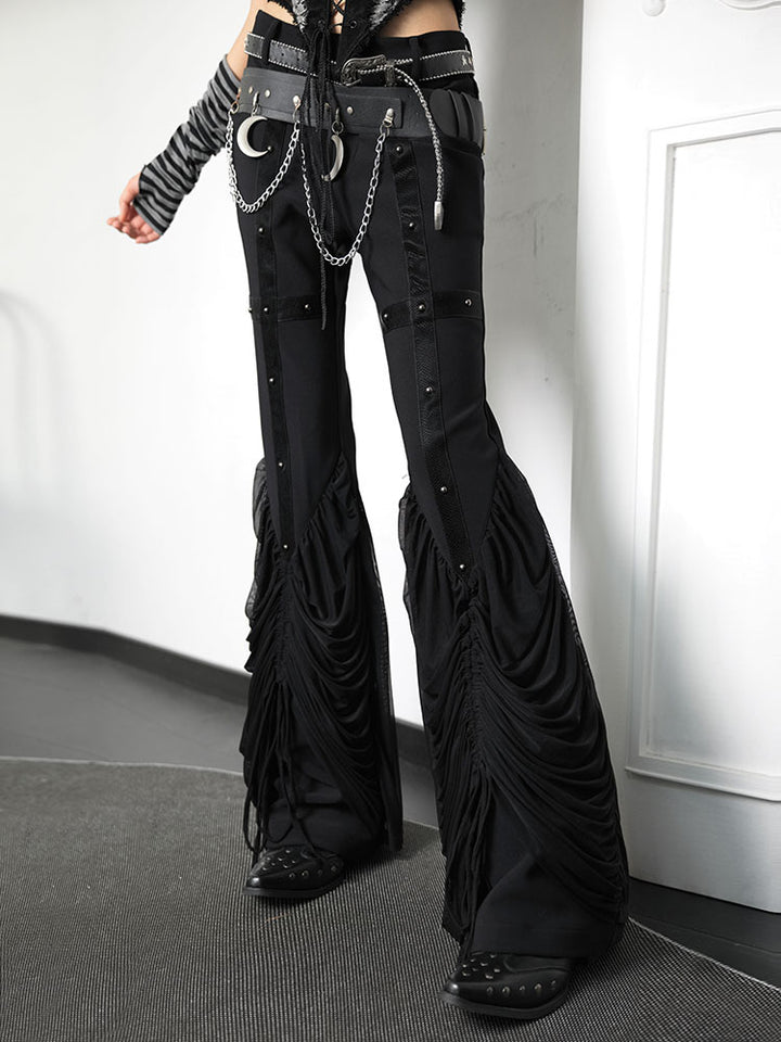 Punk Studded Ruched Flare Pants