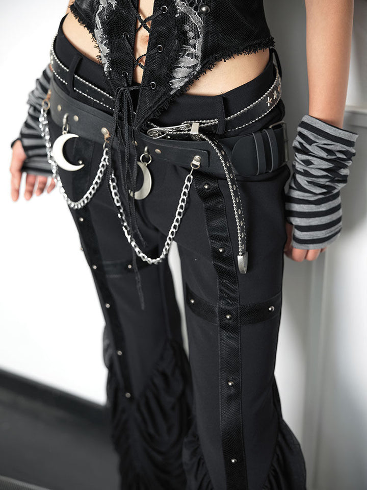 Punk Studded Ruched Flare Pants