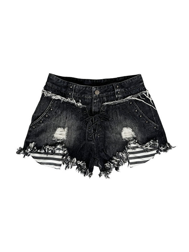 Punk Lace-Up Distressed Denim Shorts