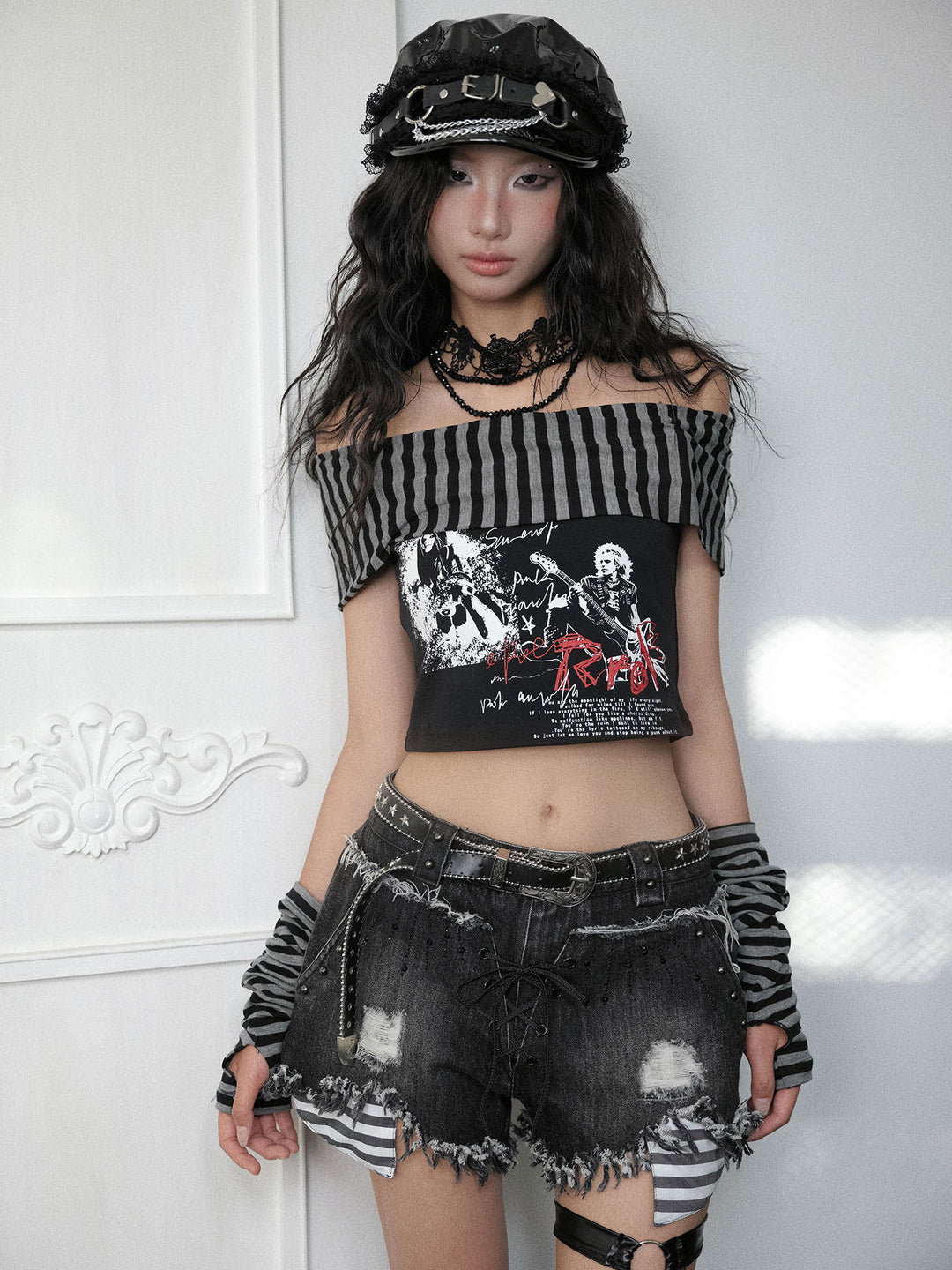 Punk Lace-Up Distressed Denim Shorts