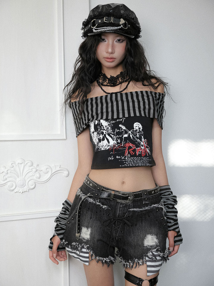 Punk Lace-Up Distressed Denim Shorts