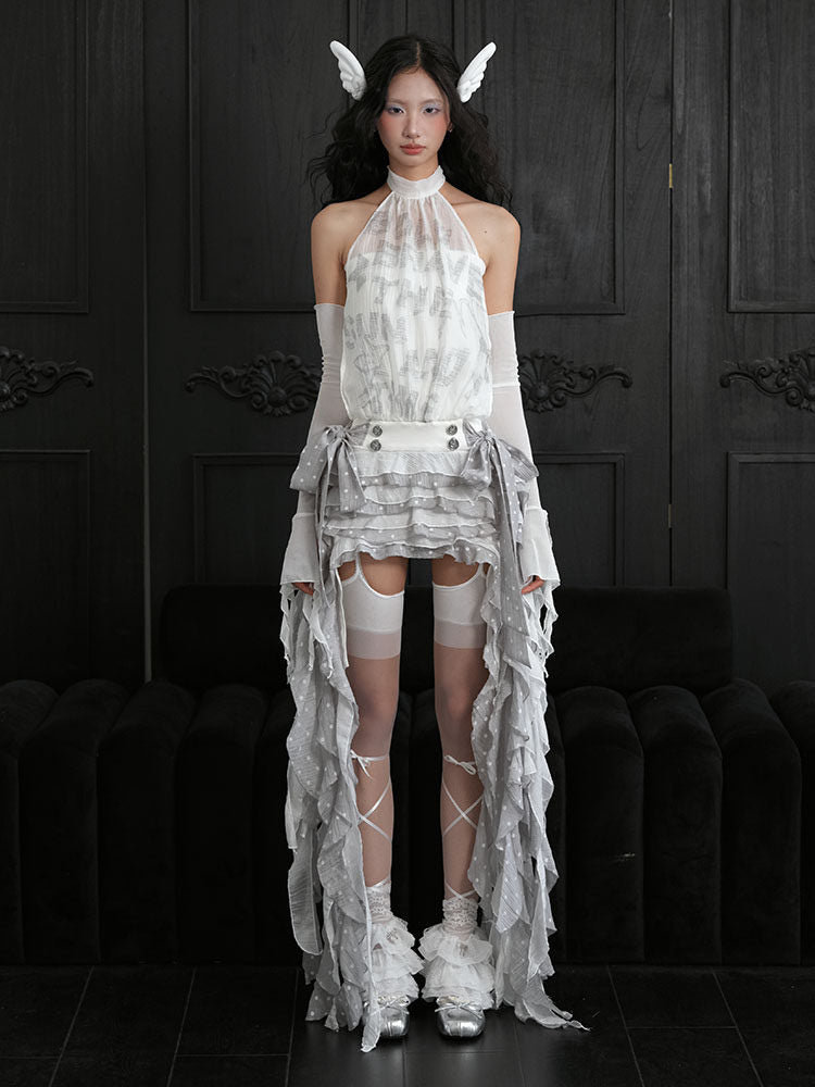 Fairycore Waterfall Ruffle Halter Dress