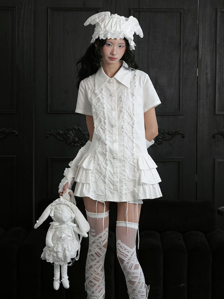 White Lace-Up Ruffle Shirt Dress
