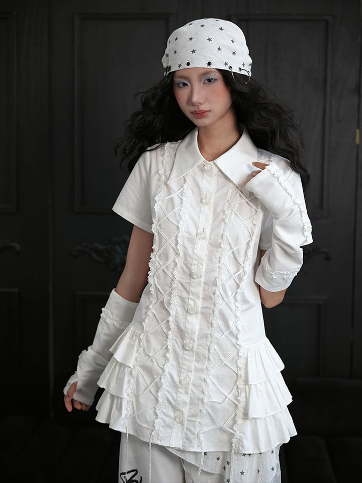 White Lace-Up Ruffle Shirt Dress