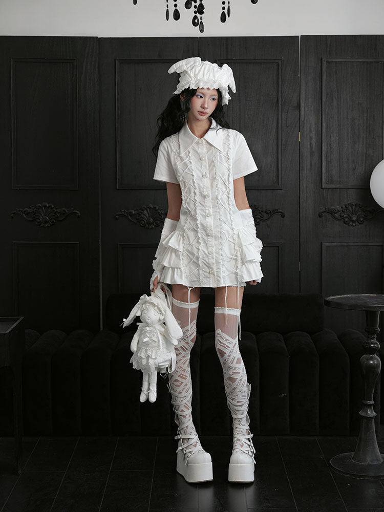 White Lace-Up Ruffle Shirt Dress
