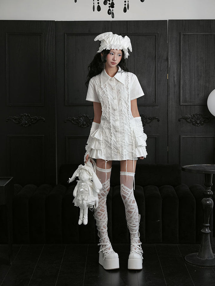 White Lace-Up Ruffle Shirt Dress