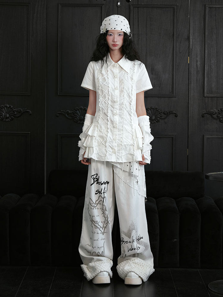 White Lace-Up Ruffle Shirt Dress
