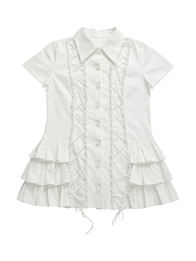 White Lace-Up Ruffle Shirt Dress