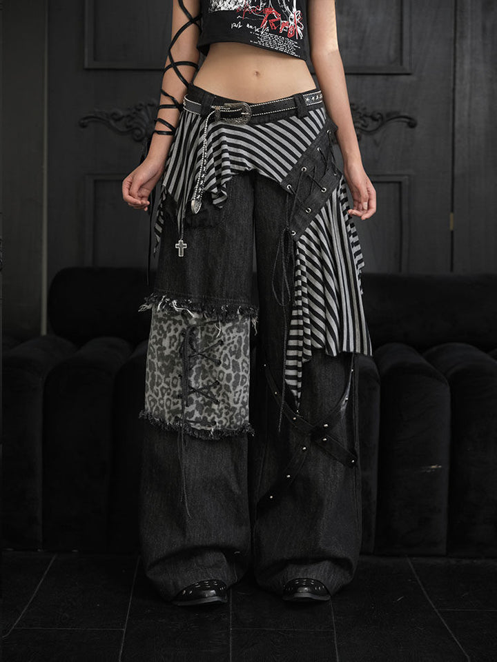 Punk Asymmetric Striped-Panel Wide Leg Jeans