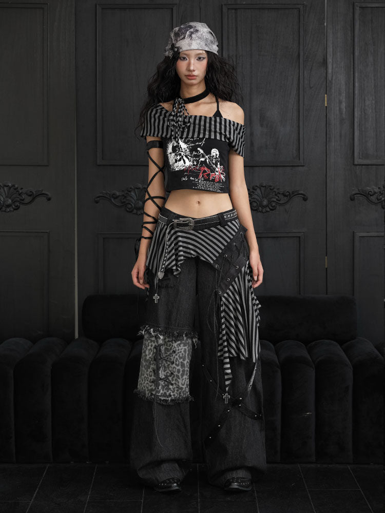 Punk Asymmetric Striped-Panel Wide Leg Jeans