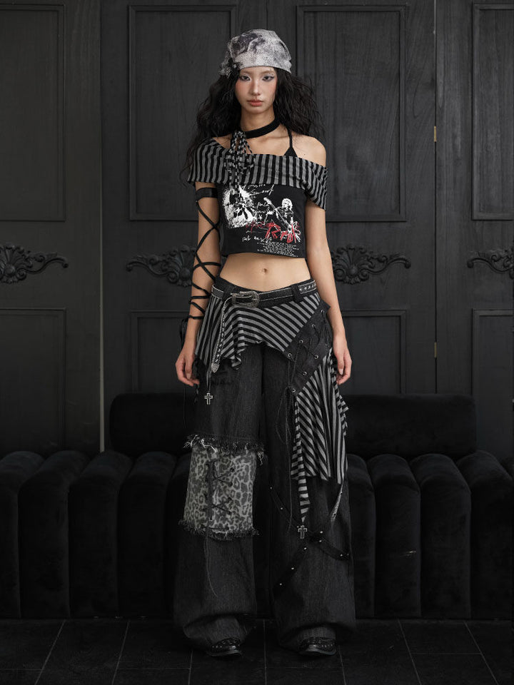 Punk Asymmetric Striped-Panel Wide Leg Jeans