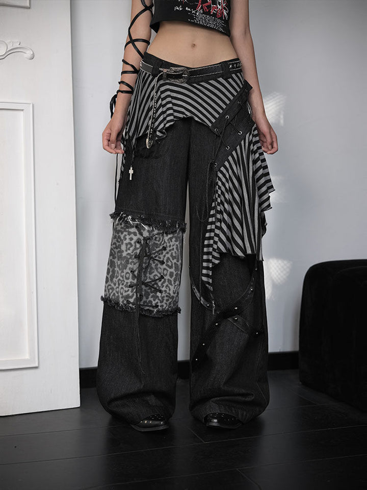 Punk Asymmetric Striped-Panel Wide Leg Jeans
