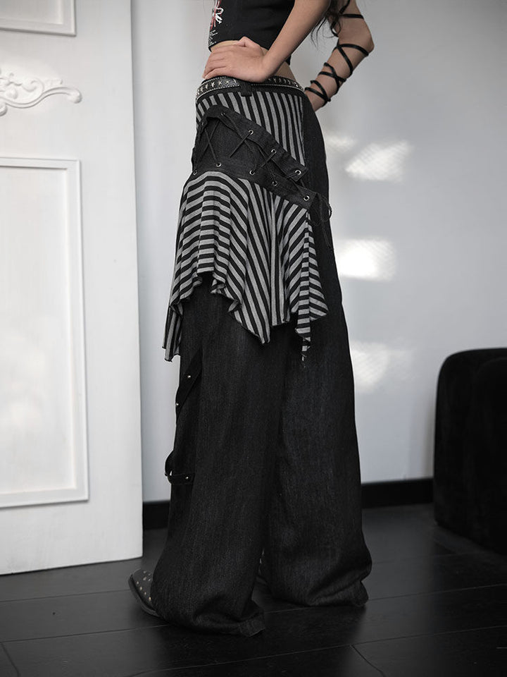 Punk Asymmetric Striped-Panel Wide Leg Jeans