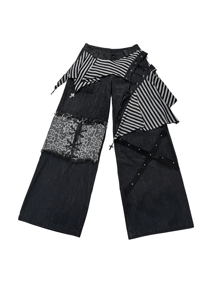 Punk Asymmetric Striped-Panel Wide Leg Jeans